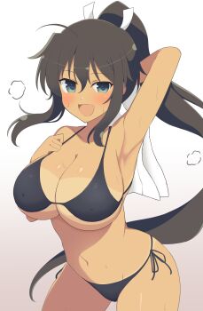Rule 34 | 1girl, armpits, bikini, black bikini, black hair, blush, breasts, cleavage, commentary request, hair tie, heavy breathing, highres, homura (senran kagura), large breasts, long hair, manjou (q tiwj), navel, open mouth, ponytail, senran kagura, string bikini, sweat, swimsuit, tan, tanline, towel