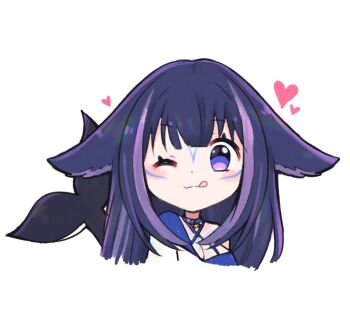 Rule 34 | 1girl, ;p, blue collar, blush stickers, body markings, breasts, cetacean tail, cleavage, collar, costume request, facial mark, facial tattoo, fins, fish tail, hair ears, heart, highres, indie virtual youtuber, multicolored hair, one eye closed, orca girl, portrait, purple eyes, shylily, simple background, single bare shoulder, solo, spaghetti strap, streaked hair, tail, tattoo, thick eyelashes, tongue, tongue out, upper body, virtual youtuber, whale girl, white background, wolfychu (artist)