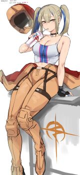 1girl absurdres agetama blonde_hair blue_hair bodysuit breasts brown_bodysuit cleavage colored_inner_hair commentary_request cup dated drink drinking drinking_straw gundam gundam_hathaway's_flash hala_morley helmet highres holding holding_cup holding_drink mecha_pilot_suit multicolored_hair normal_suit_(gundam) sitting solo striped_hair sweat twintails two-tone_hair undersuit undressing unworn_headwear unworn_helmet vest white_vest