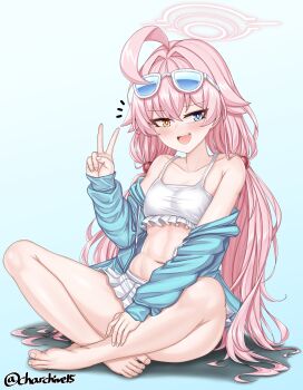 1girl absurdres ahoge barefoot bikini blue-tinted_eyewear blue_archive blue_jacket ch_(charchive15) commentary eyewear_on_head frilled_bikini frills full_body hair_bobbles hair_ornament halo heterochromia highres hoshino_(blue_archive) hoshino_(swimsuit)_(blue_archive) huge_ahoge indian_style jacket long_hair looking_at_viewer low_twintails navel off_shoulder official_alternate_costume open_clothes open_jacket pink_hair pink_halo sitting smile solo swimsuit teeth tinted_eyewear toes twintails upper_teeth_only v white-framed_eyewear white_bikini