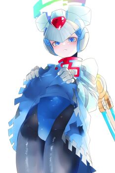 1boy blue_eyes blue_helmet blue_leotard blue_robe blush cowboy_shot cyber_elf_x_(mega_man) forehead_jewel halo helmet leotard magatatara male_focus mega_man_(series) mega_man_zero_(series) robe robe_lift simple_background solo white_background x_(mega_man)