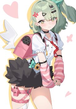 Rule 34 | 1girl, absurdres, anger vein, arm warmers, bandaid, bandaid hair ornament, black skirt, blush, closed mouth, collar, collarbone, cowboy shot, ddog, earrings, frilled sleeves, frills, fur-trimmed skirt, fur trim, green eyes, green hair, green nails, hair ornament, heart, heart hair ornament, highres, interlocked fingers, jewelry, looking at viewer, multicolored nails, multiple hair clips, multiple thigh straps, musical note earrings, necktie, own hands together, pink arm warmers, pink bag, pink nails, ponytail, red necktie, shirt, skirt, solo, striped arm warmers, sunna (zenless zone zero), sweatdrop, thigh strap, white background, white shirt, white wings, winged bag, wings, zenless zone zero