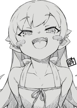 1girl :d blush_stickers collarbone commentary_request dress fangs greyscale jingai_modoki long_hair looking_at_viewer monochrome monogatari_(series) open_mouth oshino_shinobu pointy_ears seal_impression simple_background sleeveless sleeveless_dress smile solo tongue upper_body very_long_hair white_background