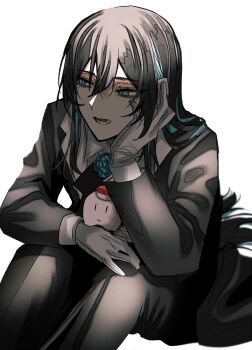 Rule 34 | 1girl, ado (utaite), black coat, black hair, black pants, blue eyes, blue hair, chando (ado), coat, commentary, fish (food), food, gloves, gunjyou (gunjyou 00), ha-chan (ado), hair between eyes, head rest, highres, long hair, long sleeves, lower teeth only, nigirizushi, open mouth, pants, simple background, solo, sushi, symbol-only commentary, teeth, white background, white gloves