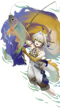 Rule 34 | 1girl, absurdres, animal, arknights, arm up, bare shoulders, bead necklace, beads, blonde hair, blue eyes, blush, breasts, dragon girl, dragon horns, dragon tail, earrings, eastern dragon horns, eastern dragon tail, fish, fishing rod, gradient hair, green eyes, hair between eyes, hair ornament, highres, holding, holding fishing rod, horns, jewelry, kurosawaprynio, long hair, looking up, medium breasts, multicolored hair, necklace, open mouth, pants, pointy ears, shirt, shu (arknights), smile, solo, strapless, strapless shirt, tail, tassel, tassel earrings, very long hair, white hair, white pants, white shirt