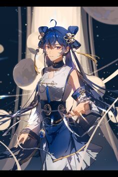 1girl absurdres ahoge black_border blue_eyes blue_hair blue_sash blurry blurry_background border chinese_clothes chinese_commentary chinese_knot commentary cowboy_shot detached_sleeves eyeliner folded_hair hair_between_eyes hair_ornament highres iuno_(wuthering_waves) knot_hair_ornament lens_flare letterboxed light_particles makeup mandarin_collar moon moon_phases multiple_moons official_alternate_costume outstretched_arm pom_pom_(clothes) pom_pom_hair_ornament reaching reaching_towards_viewer red_eyeliner sash shirt sleeveless sleeveless_shirt solo tassel tassel_hair_ornament twintails white_sleeves wuthering_waves xiao&#039;er_yushiwuzheng