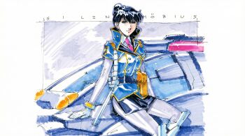 1girl black_eyes blue_jacket breasts car commission copyright_name gloves hair_bun highres jacket katsumi_liqueur marker_(medium) medium_breasts motor_vehicle silent_moebius single_hair_bun sitting smile solo traditional_media watermark white_gloves