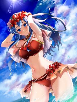 1girl armpits beach bikini blue_eyes blue_hair cowboy_shot day female_focus fire_emblem fire_emblem:_the_binding_blade fire_emblem_heroes highres lilina_(fire_emblem) lilina_(summer)_(fire_emblem) long_hair looking_at_viewer nekolook nintendo outdoors red_bikini sky solo sparkle stomach swimsuit waist_cape water