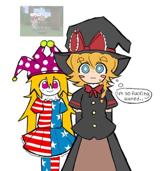 Rule 34 | 2girls, absurdres, american flag, american flag dress, blonde hair, blue eyes, clownpiece, cookie (touhou), flag print, hat, highres, kirisame marisa, multiple girls, pink eyes, russian commentary, touhou, witch hat