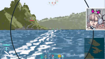 1girl brown_hair day destroyer fake_screenshot flag headphones health_bar japanese_flag kantai_collection map meme microphone military_vehicle minimap ocean outdoors parody pewdiepie's_pubg_livestream_n-word_controversy_(meme) ron_(pixiv83091338) scarf ship smokestack solo sunburst user_interface wahoo_(kancolle) wahoo_kai_(kancolle) warship watercraft white_scarf world_of_warships