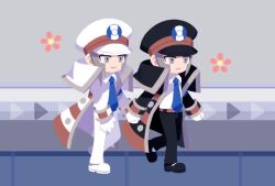 2boys animated belt blue_necktie brothers brown_belt chibi closed_mouth coat collared_shirt commentary_request emmet_(pokemon) flower_symbol gloves grey_eyes grey_hair hat high_collar ingo_(pokemon) korean_commentary male_focus multiple_boys necktie nintendo open_clothes open_coat pants pokemon pokemon_bw seku_000 shirt shoes short_hair siblings sideburns smile standing striped_coat tagme video walking white_coat white_footwear white_gloves white_hat white_pants white_shirt