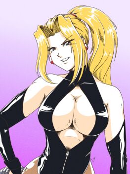 Rule 34 | 1girl, absurdres, blonde hair, blue eyes, breasts, cleavage, earrings, highres, jewelry, large breasts, long hair, ponytail, sofia (toushinden), tedbob84, toushinden