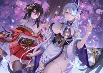 2girls amahara_subaru azur_lane black_hair black_ribbon black_thighhighs blue_butterfly breasts bug butterfly center_opening cleavage commentary_request dutch_angle falling_petals floral_print floral_print_kimono floral_print_sash hair_over_one_eye hair_ribbon insect japanese_clothes kimono large_breasts looking_at_viewer mask mask_on_head multiple_girls official_art petals print_kimono purple_trim red_eyes red_kimono red_ribbon ribbon sash second-party_source smile striped_ribbon taihou_(azur_lane) thigh_strap thighhighs tree two-tone_ribbon unzen_(azur_lane) vertical-striped_ribbon white_kimono wide_sleeves zettai_ryouiki