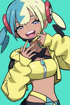 1girl :d aqua_background aqua_hair black_hair blonde_hair blue_nails canari_(pokemon) crop_top cropped_jacket dark-skinned_female dark_skin eyelashes highres jacket long_sleeves looking_at_viewer mask_pull multicolored_hair multicolored_nails nintendo open_clothes open_jacket open_mouth pokemon pokemon_legends:_z-a short_hair smile solo twintails two-tone_nails upper_body waipiiy yellow_jacket yellow_nails