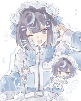 1boy apron black_hair blue_jacket blush bone_hair_ornament chibi chibi_inset commentary drawn_ears drawn_whiskers ensemble_stars! grey_eyes hair_ornament hairclip half-heart_hands hand_up hcn8120 heart heart_hands heart_in_heart_hands highres jacket jersey_maid long_sleeves maid maid_apron maid_headdress male_focus medium_hair multicolored_hair open_mouth sagiri_esu simple_background single_sleeve_past_fingers smile solo symbol-only_commentary tenshi_kaiwai two-tone_hair unconventional_maid upper_body white_background wings