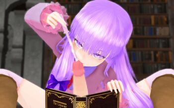 1girl 3d animated animated_gif artist_request book boots censored cum fellatio femdom legs long_hair looking_at_viewer low_twintails mosaic_censoring object_insertion oral p_musou(artist) patchouli_knowledge penis pov purple_eyes purple_hair sounding spread_legs thighhighs touhou twintails urethral_insertion