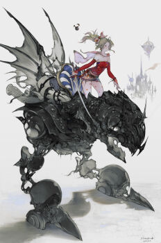 1girl absurdres bare_shoulders bow breasts cape dress final_fantasy final_fantasy_vi green_hair hair_bow highres holding holding_sword holding_weapon kemomin_nosuke magitek_armor mecha pantyhose pink_cape polka_dot polka_dot_pantyhose ponytail red_dress red_sleeves reverse-jointed_legs robot sash strapless strapless_dress sword tina_branford tube_dress waist_sash walker_(robot) weapon