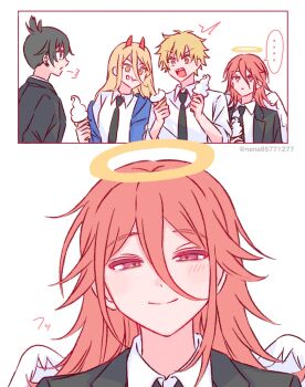 ... 1girl 3boys angel_devil_(chainsaw_man) black_hair black_jacket black_necktie blonde_hair blue_jacket blush chainsaw_man collared_shirt demon_girl denji_(chainsaw_man) earrings food food_on_face hair_between_eyes halo hayakawa_aki highres holding holding_ice_cream_cone horns ice_cream_cone jacket jewelry long_hair multiple_boys nana_(eegm4275) necktie open_mouth orange_eyes ponytail power_(chainsaw_man) red_eyes red_hair red_horns sharp_teeth shirt short_hair short_ponytail sleeves_rolled_up smile spoken_ellipsis suit_jacket teeth traditional_halo twitter_username upper_body white_background white_shirt