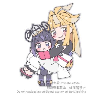 Rule 34 | 1boy, 1girl, :<, artist name, black shirt, black shoes, blonde hair, blunt bangs, blush stickers, bob cut, brother and sister, closed mouth, full body, gloves, gwynn (pokemon), hat, highres, ivor (pokemon), long hair, looking at viewer, mole, mole under mouth, nintendo, pants, pantyhose, partially fingerless gloves, pokemon, pokemon legends: z-a, purple eyes, purple hair, purple pantyhose, remoooon, reverse princess carry, sandals, shirt, shoes, short hair, siblings, smile, twitter username, white background, white pants