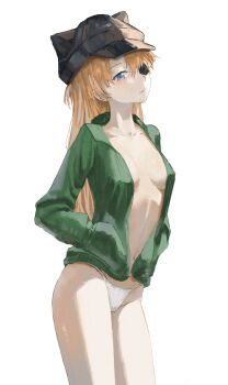 1girl absurdres blue_jacket breasts brown_hair closed_mouth cowboy_shot curvy daquila evangelion:_3.0+1.0_thrice_upon_a_time expressionless eyepatch green_jacket hairpods hands_in_pockets highres jacket looking_at_viewer medium_breasts navel neon_genesis_evangelion open_clothes open_jacket panties rebuild_of_evangelion simple_background solo souryuu_asuka_langley stomach thong underwear white_panties wide_hips