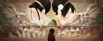 aang avatar:_the_last_airbender avatar_legends bald black_hair coldresss commentary_request from_behind frown green_eyes hairband head_tattoo highres katara long_hair mural ponytail short_hair sidelocks sky_bison smile sokka solo toph_beifong zuko