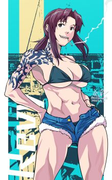 Rule 34 | 1girl, abs, bikini, bikini top only, black lagoon, breasts, cigarette, highres, large breasts, long hair, micro shorts, mimiyama kiichi, panties, ponytail, purple hair, revy (black lagoon), shorts, swimsuit, tattoo, teeth, underwear