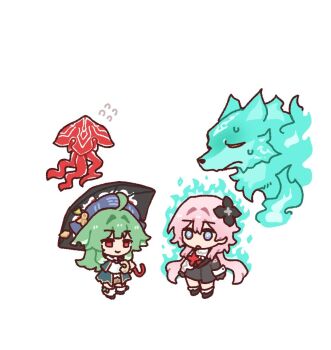 2girls ahoge blue_eyes chinese_clothes dorkdragoon dress evernight_(honkai:_star_rail) evey_(honkai:_star_rail) fire flower gloves green_fire green_hair hair_flower hair_ornament hat honkai:_star_rail honkai_(series) huohuo_(honkai:_star_rail) long_hair march_7th_(honkai:_star_rail) multiple_girls personality_switch pink_hair red_eyes shoes tail_(honkai:_star_rail) umbrella