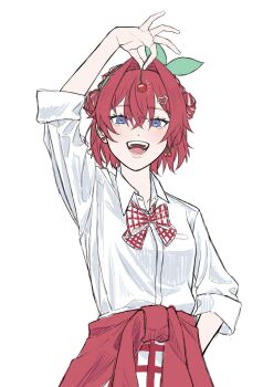 1girl :d ange_katrina arm_up blue_eyes bow bow_hairband bowtie breasts cherry_earrings cherry_pop_(vocaloid) clothes_around_waist collared_shirt crossed_bangs double-parted_bangs double_bun earrings eyelashes food-themed_earrings food_themed_earrings green_bow green_hairband grid_print grid_skirt hair_between_eyes hair_bun hair_ornament hairband hand_on_own_hip heart heart_earrings heart_hair_ornament highres holding_cherry jewelry light_blush long_bangs looking_at_viewer medium_hair mismatched_earrings multicolored_hair nijisanji notice_lines official_alternate_costume open_mouth print_bow print_bowtie red_bow red_bowtie red_hair red_skirt red_sweater shirt simple_background skirt sleeves_rolled_up small_breasts smile solo streaked_hair stud_earrings sweater sweater_around_waist teeth two-tone_hair ume_aji upper_body virtual_youtuber white_background white_bow white_bowtie white_hair white_shirt white_skirt