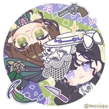 Rule 34 | 2girls, beamed sixteenth notes, black hair, bow, brown hair, chibi, closed mouth, commentary request, dress, eighth note, feathers, flower, glasses, green background, green eyes, green feathers, green hat, green jacket, gun, handgun, hat, hat bow, hat feather, hat flower, highres, isolde (reverse:1999), jacket, kakania (reverse:1999), korean commentary, long hair, looking at viewer, mossi (mossi0816), multiple girls, musical note, neck ribbon, purple eyes, red ribbon, reverse:1999, revolver, ribbon, rotational symmetry, round eyewear, round image, shirt, smile, sparkle, table knife, twitter username, upper body, upside-down, veil, weapon, white bow, white dress, white hat, white shirt, white veil, yellow flower