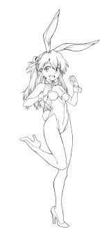 1girl breasts commentary_request hairpods harukaze_koucha high_heels highres interface_headset_(evangelion) long_hair medium_breasts monochrome neon_genesis_evangelion open_mouth playboy_bunny simple_background smile solo souryuu_asuka_langley