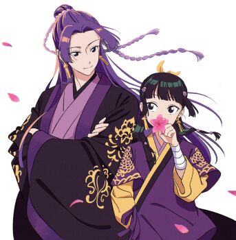 1boy 1girl beads blunt_bangs chinese_clothes closed_mouth commentary_request crossed_arms dangomochi2 earrings falling_petals flower flower_over_mouth hair_beads hair_bun hair_ornament hair_ribbon half_updo highres holding holding_flower jewelry jinshi_(kusuriya_no_hitorigoto) kusuriya_no_hitorigoto light_smile long_hair looking_at_another maomao_(kusuriya_no_hitorigoto) parted_bangs petals pink_petals purple_robe ribbon robe sidelocks tassel tassel_earrings upper_body white_background yellow_ribbon