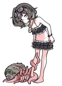 1girl absurdres bare_shoulders barefoot bikini bikini_pull bikini_skirt black_bikini black_hair blush bracelet clothes_pull collarbone eyewear_on_head frilled_bikini frills full_body groin half-closed_eyes highres jewelry navel necklace original shoeguy short_hair simple_background standing sunglasses sweat sweatdrop swimsuit tentacles white_background