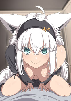 1girl :&gt; ahoge animal_ear_fluff animal_ear_piercing animal_ears aqua_eyes between_legs black_hairband black_shirt black_socks breasts cleavage close-up closed_mouth clothing_cutout collarbone commentary crossed_bangs downblouse extended_downblouse fox_ears fox_girl fox_tail girl_on_top good_morning good_morning_my_brother_(meme) hair_between_eyes hairband hand_between_legs hanging_breasts highres hip_vent hololive indoors kanachirou large_breasts leaning_forward long_hair low_twintails meme no_bra no_pants official_alternate_costume open_mouth pov scene_reference shirakami_fubuki shirakami_fubuki_(loungewear) shirt single_bare_shoulder single_off_shoulder sitting sitting_on_person smile socks straddling t-shirt tail tokidoki_bosotto_roshia-go_de_dereru_tonari_no_alya-san twintails v-shaped_eyebrows very_long_hair virtual_youtuber white_hair