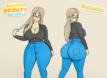 1girl ass blonde_hair breasts buxom_beauty_hair_salon cleavage commentary cursive curvy denim english_commentary from_behind glasses huge_ass huge_breasts jeans logo long_hair long_sleeves looking_at_viewer looking_back multiple_views natasha_(thiccdrawings) nipples original pants reference_sheet shirt solo thiccdrawings thick_thighs thighs title wide_hips