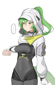 Rule 34 | ..., 1girl, absurdres, arknights, arknights: endfield, black bodysuit, black gloves, bodysuit, breasts, closed mouth, commentary request, covered navel, disembodied hand, fingerless gloves, fluorite (arknights), framed breasts, gloves, green eyes, green hair, green tail, hair between eyes, highres, hood, hood up, long hair, long sleeves, medium breasts, nekohitsuj96199, ponytail, simple background, spoken ellipsis, standing, strap, tail, white background, white gloves