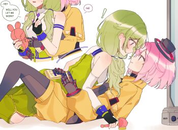 2girls android black_gloves black_hat blush commentary doll dress english_text eye_contact fingerless_gloves gloves green_dress green_hair hand_on_another&#039;s_waist hat highres holding holding_doll hug hug_from_behind jacket jewelry kusanagi_nene long_hair looking_at_another multiple_girls necklace ootori_emu parted_lips pink_eyes pink_hair project_sekai purple_eyes short_hair shorts simple_background smile speech_bubble sweat the_coconutnut twintails white_background yellow_jacket yellow_shorts yuri