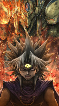 1boy absurdres cape dark-skinned_male dark_skin deadspike_nine duel_monster eye_of_horus facial_mark fire forehead_mark highres jewelry male_focus open_mouth purple_eyes smile spiked_hair tagme teeth the_winged_dragon_of_ra white_hair yami_marik yu-gi-oh!