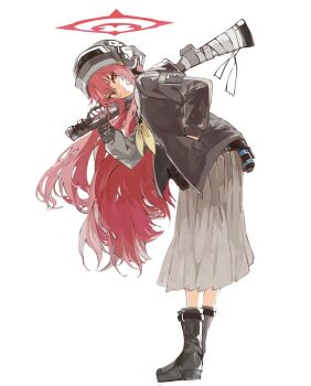 Rule 34 | 1girl, altyn helmet, black boots, black helmet, black jacket, blue archive, boots, combat helmet, commentary request, fingerless gloves, from side, full body, gloves, grey skirt, gun, halo, hand in pocket, helmet, highres, holding gun barrel, hood, hooded jacket, jacket, konabetate, leaning forward, long hair, long skirt, long sleeves, looking at viewer, mossberg 590, neckerchief, over shoulder, pump action, rabu (blue archive), red eyes, red hair, red halo, shotgun, simple background, skirt, solo, very long hair, weapon, weapon over shoulder, white background, yellow neckerchief