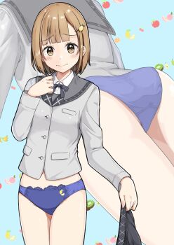Rule 34 | 1girl, absurdres, ass, blue background, blue panties, blunt ends, blush, breasts, brown eyes, brown hair, buttons, closed mouth, collared shirt, commentary request, commission, cowboy shot, crotch seam, dress shirt, embarrassed, food-themed hair ornament, food print, front-print panties, fruit background, fruit print, grey jacket, grey ribbon, grey sailor collar, grey skirt, hair ornament, hand up, highres, holding, holding unworn clothes, holding unworn skirt, jacket, lace, lace-trimmed panties, lace trim, large variant set, lemon hair ornament, lemon panties, lemon print, long sleeves, looking at viewer, medium hair, multiple views, neck ribbon, negimiso1989, no pants, original, panties, pixiv commission, pleated skirt, print panties, raised inner eyebrows, ribbon, sailor collar, school uniform, serafuku, shirt, skirt, small breasts, standing, underwear, unworn skirt, variant set, white shirt, zoom layer