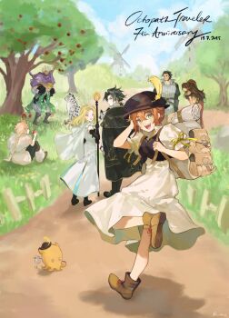 4boys 4girls :d alfyn_greengrass anniversary apple aubz black_hair black_hat blonde_hair braid braided_ponytail brown_bag brown_hair brown_shoes cape carrying commentary copyright_name cyrus_albright dated dress english_commentary food fruit green_eyes h'aanit_(octopath_traveler) hat hat_feather high_ponytail highres holding holding_food holding_fruit holding_staff linde_(octopath_traveler) long_hair looking_at_viewer multiple_boys multiple_girls octopath_traveler octopath_traveler_i olberic_eisenberg on_grass open_mouth ophilia_clement outdoors piggyback ponytail primrose_azelhart road shadow shoes sitting smile staff therion_(octopath_traveler) tree tressa_(octopath_traveler) tressa_colzione white_cape white_dress