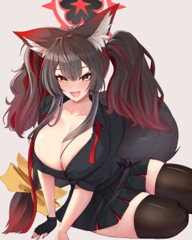 absurdres animal_ears arm_support black_hair black_shirt black_skirt blue_archive blush breasts byte-artist cleavage fingerless_gloves fox_ears fox_girl fox_tail gloves hair_between_eyes halo highres huge_breasts looking_at_viewer necktie open_mouth red_halo red_necktie ribbon shirt sidelocks single_fingerless_glove sitting skirt tail thighhighs twintails undone_necktie wakamo_(blue_archive) yellow_eyes yellow_ribbon yokozuwari