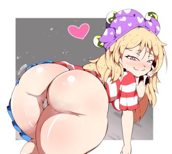 1girl all_fours american_flag american_flag_dress american_flag_print ass ass_focus blonde_hair blush border cameltoe closed_mouth clownpiece collar commentary double-parted_bangs double_entendre english_commentary fang feet_out_of_frame flag_print grey_background hair_between_eyes hand_on_own_cheek hand_on_own_face hat heart huge_ass jester_cap jungleboyayaya light_blush long_hair looking_at_viewer missing_legwear mooning motion_lines naughty_face neck_ruff nose_blush panties polka_dot_hat presenting presenting_ass purple_eyes purple_hat raised_inner_eyebrows short_sleeves simple_background skin_fang smirk solo split_mouth squinting thick_thighs thighs touhou underwear white_border white_collar white_panties