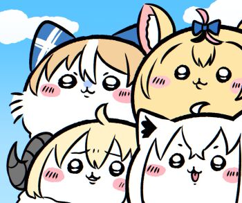 4girls :3 ahoge animal_ears blonde_hair blue_sky blush_stickers bow chibi chibi_only chiikawa chiikawa_(character) cloud commentary_request crossover facing_viewer fox_ears fox_girl hair_bow hololive horns kumarang looking_ahead momonga_(chiikawa) multiple_girls omaru_polka sheep_girl sheep_horns shirakami_fubuki shiranui_flare sky tsunomaki_watame usagi_(chiikawa) virtual_youtuber white_hair