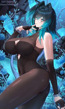 Rule 34 | 1girl, ass, black bodystocking, black gloves, black hair, blue flower, blue hair, breasts, cleavage, cleavage cutout, clothing cutout, commentary, commission, covered navel, cowboy shot, detached sleeves, eeyoosekedooaat, english commentary, fingerless gloves, flower, glasses, gloves, hair intakes, highres, large breasts, long hair, looking at viewer, navel, original, sample watermark, semi-circular eyewear, slit pupils, solo, vgen commission, watermark
