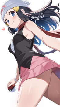 1girl :&gt; ass beanie black_hair black_vest blue_eyes breasts curvy dawn_(pokemon) from_below hat highres holding holding_poke_ball kitahara_tomoe_(kitahara_koubou) long_hair looking_at_viewer miniskirt nintendo pink_skirt poke_ball poke_ball_(basic) pokemon pokemon_dppt red_scarf scarf shiny_skin simple_background skirt small_breasts solo thighs very_long_hair vest walking white_background wide_hips