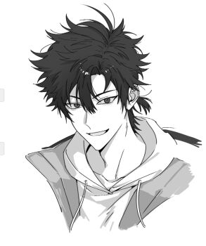 1boy cheng_xiaoshi drawstring greyscale grin hair_between_eyes highres hood hood_down hoodie jacket looking_at_viewer male_focus messy_hair monochrome mrsseven745 open_clothes open_jacket open_mouth ponytail portrait shiguang_dailiren shirt short_hair short_ponytail simple_background smile solo upper_body white_background