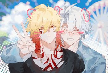 1043141400 2boys animated animated_gif antenna_hair arm_tattoo black_shirt blonde_hair blue_shirt blue_sky braid chinese_commentary closed_eyes collared_shirt commentary_request drawn_whiskers facial_tattoo gradient_hair highres honkai:_star_rail honkai_(series) male_focus medium_hair multicolored_hair multiple_boys mydei_(honkai:_star_rail) neck_tattoo parted_bangs phainon_(honkai:_star_rail) red_hair red_tattoo shirt short_hair side_braid sky sun_symbol sun_tattoo tan tattoo v white_hair yellow_eyes