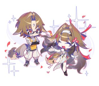 Rule 34 | 1boy, 1girl, animal ear fluff, animal ears, armlet, bare shoulders, bracelet, brother and sister, brown hair, brown tail, china dress, chinese clothes, closed eyes, closed mouth, clover, clover hair ornament, commentary request, crossed arms, dress, droopy ears, facial mark, forehead mark, glasses, hair ornament, hairband, highres, jewelry, leg tattoo, long hair, looking at another, open mouth, pelvic curtain, red eyes, siblings, silver armlet, silver bracelet, sparkle, tail, tattoo, very long hair, white background, white dress, white hairband, wifi12341234, ye shiyuan, ye shunguang, zenless zone zero