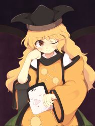 Rule 34 | 1girl, black hat, blonde hair, blush, brown background, brown eyes, brown hat, cape, chair, closed mouth, commentary request, constellation, constellation print, detached sleeves, eyes visible through hair, green skirt, hair between eyes, hand on own face, hand up, hat, highres, iyo mamoru, long hair, long sleeves, looking at viewer, mask, matara okina, one eye closed, orange cape, shirt, simple background, sitting, skirt, smile, solo, tabard, textless version, touhou, wavy hair, white shirt, wide sleeves