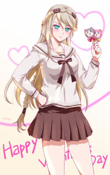 Rule 34 | 1girl, blonde hair, blush, braid, brown skirt, bun with braided base, candy, commentary request, crown braid, eiyuu densetsu, elaine auclair, food, green eyes, hair between eyes, hair bun, happy valentine, kuro no kiseki (series), kuro no kiseki i, lollipop, looking at viewer, parted bangs, sailor collar, sailor shirt, shirt, simple background, skirt, xiacheng tatsuya